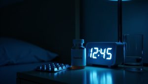 Flux Dev A bedside table at night with a glowing digital clock 0